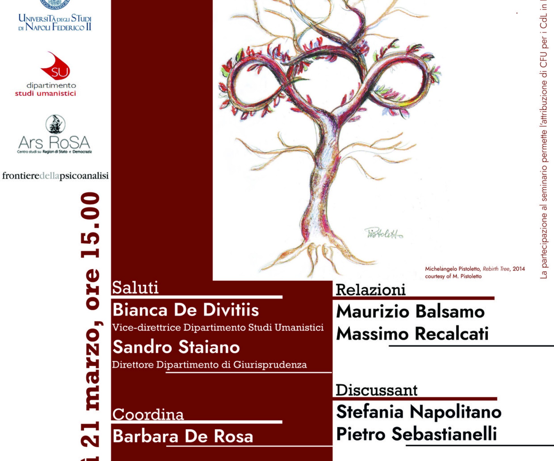 “Psicoanalisi e storia. Un dialogo a più voci" Maurizio Balsamo (CPdR) e Massimo Recalcati a Napoli il 21 marzo ore 15:00